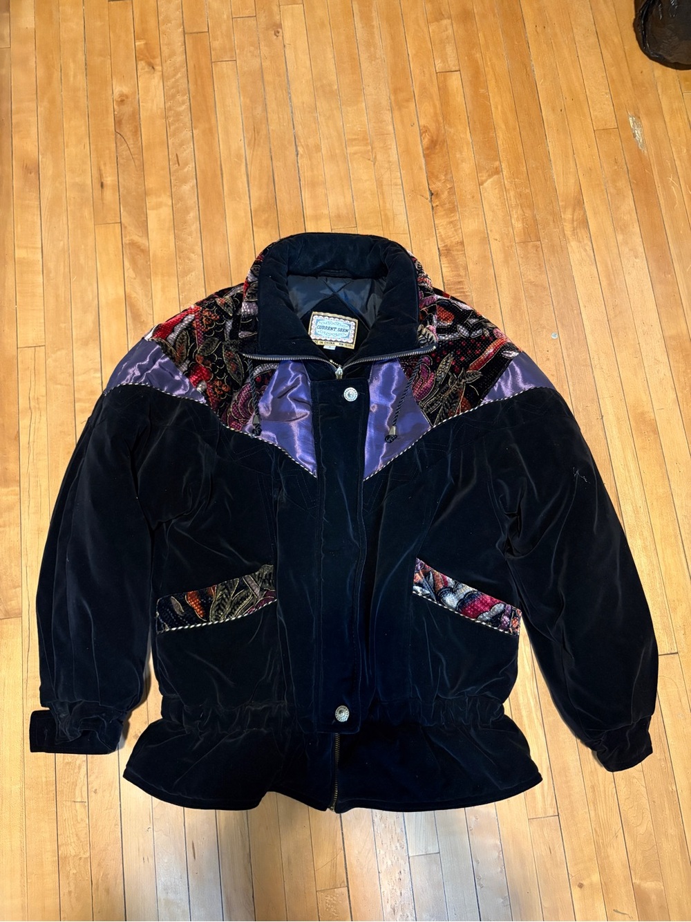 Vintage Velvet Black and Purple Satin/Floral Accent Puffer Jacket
